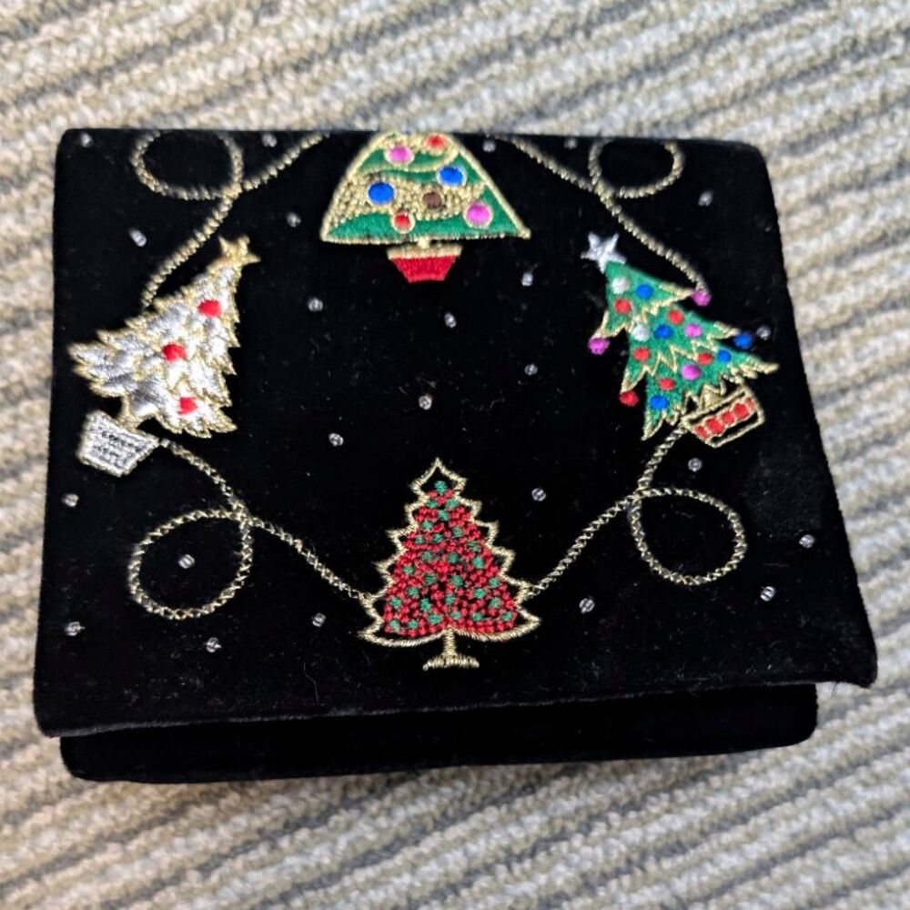 Amanda Smith Black Velvet Beaded Xmas Tree Clutch Purse Women Premium